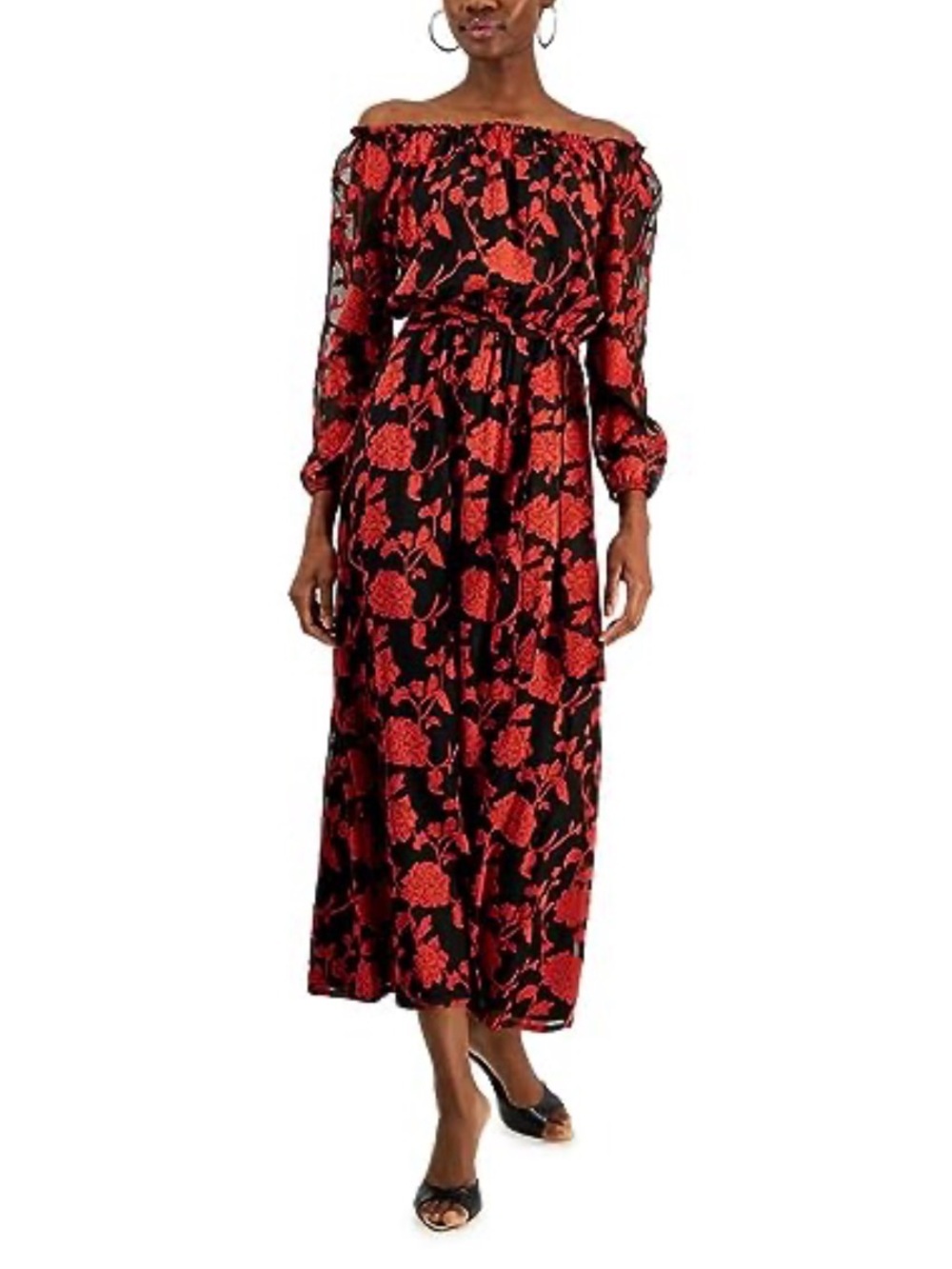 INC International Concepts Black Off-Shoulder Dress with Red Floral Print